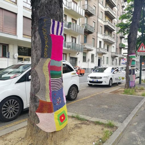Una coperta all'uncinetto di lana per gli ippocastani di corso Marconi