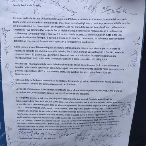 lettera firmata dai lavoratori Embraco