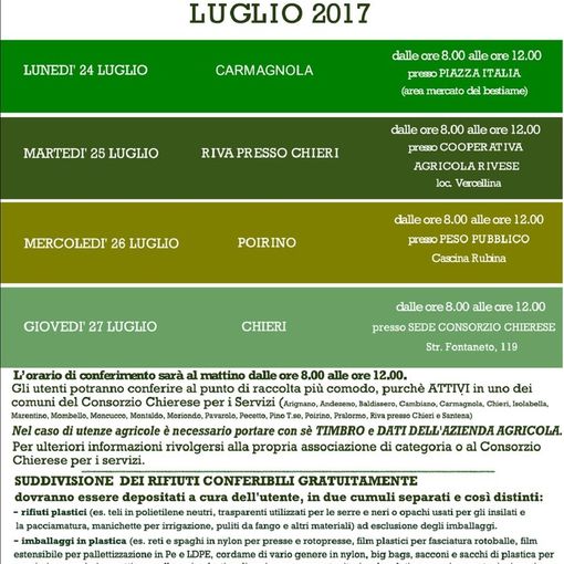 Carmagnola, lunedì 24 luglio giorno di raccolta dei rifiuti agricoli