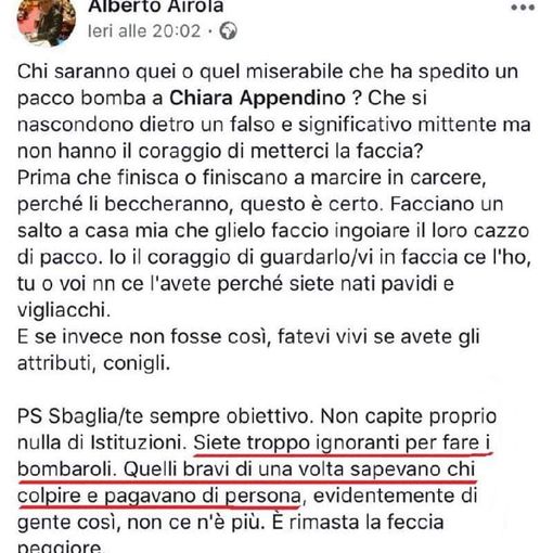 Pacco bomba ad Appendino, bufera politica sul post di solidarietà di Airola. M5S Torino: &quot;Parole gridate sbagliate&quot;
