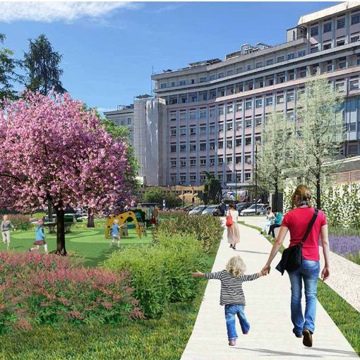 Un rendering di come sarà l'area verde davanti al Regina Margherita