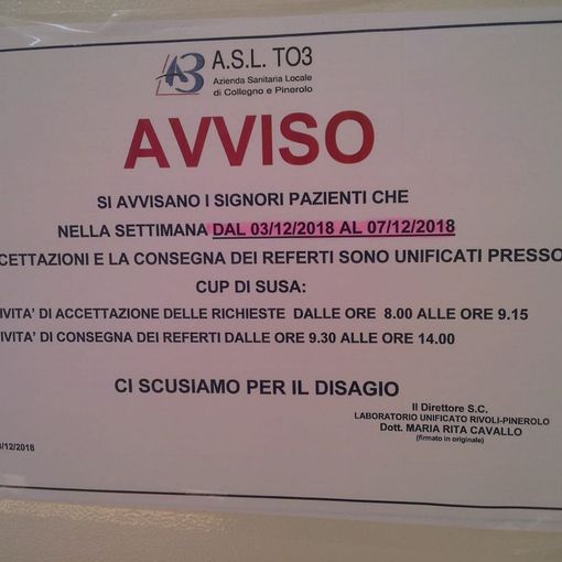 Ospedale Susa, Batzella (Mli): &quot;Manca personale nella segreteria del laboratorio analisi, accettazione e ritiro referti trasferiti al Cup&quot;