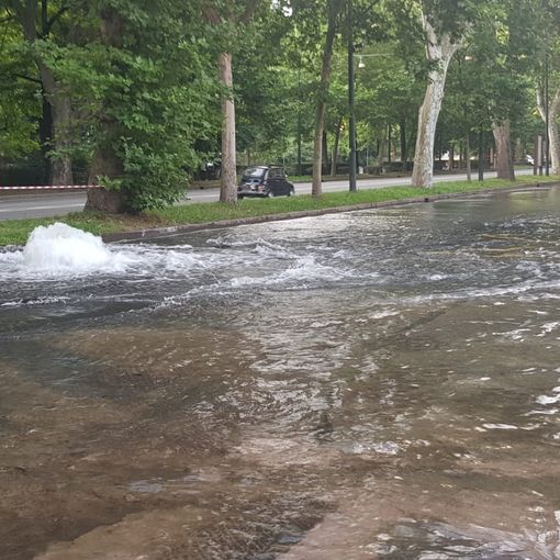 Si rompe una tubatura di fronte a Parco Michelotti: strada allagata in corso Casale