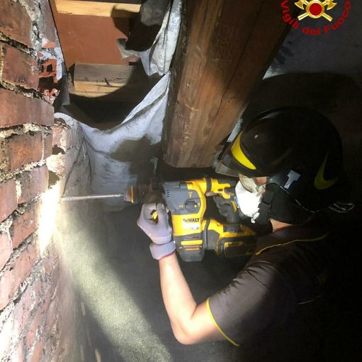 I Vigili del Fuoco portano in salvo un gattino rimasto intrappolato in una canna fumaria