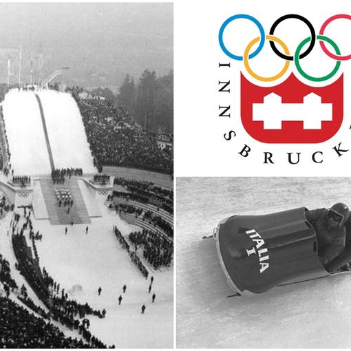 Nell'immagine un momento della cerimonia inaugurale, il logo ufficiale di Innsbruck 1964 e gli azzurri del bob