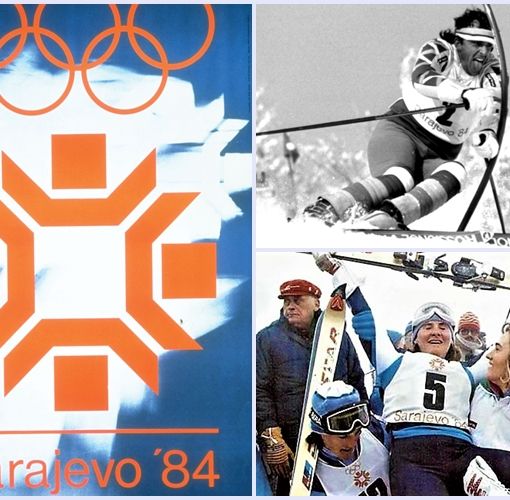 Nell'immagine il logo di Sarajevo 1984, il saluzzese Paolo De Chiesa in azione e la gioia di Paola Magoni