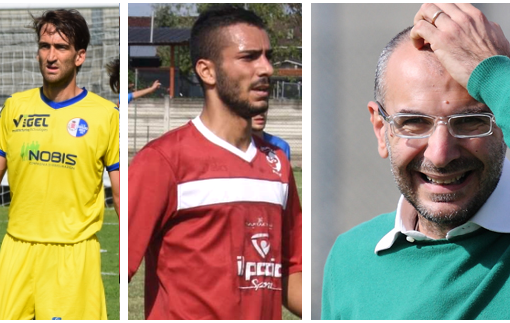 Da sinistra: Pasquero del Borgaro, Cabiddu in uscita da Pancalieri e mister Di Leone