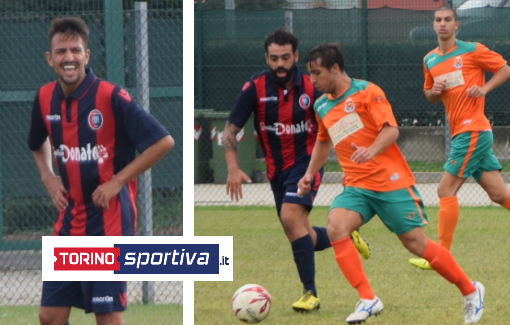 Petrolo in gol per il Pianezza. A dx Dosio e Di Bari, che segna l'1-1