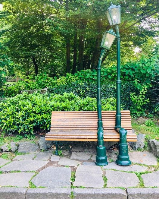 Panchina del giardino roccioso con lampioni abbracciati