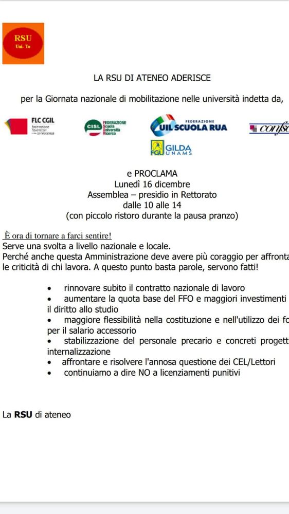 Lunedì 16 dicembre assemblea presidio all'Università di Torino