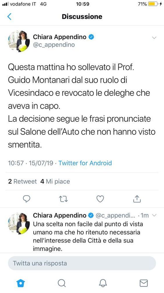 Appendino fa fuori Montanari dalla giunta a 5 Stelle: &quot;Sollevato da vicesindaco e revocate le deleghe&quot;