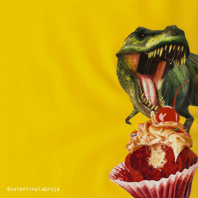 &quot;Dulce Dino en amarillo&quot;, collage dell'artista colombiana Valentina Rojas. https://www.instagram.com/valentinalabruja/