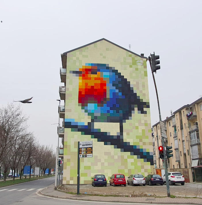 Il murales a forma di pettirosso in corso Piemonte