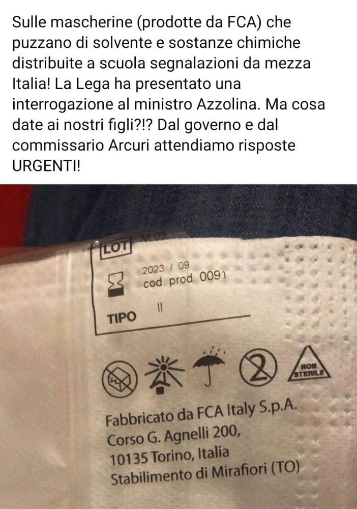 Salvini all'attacco delle mascherine FCA: &quot;Puzzano di solvente, ma cosa date ai nostri figli?&quot;