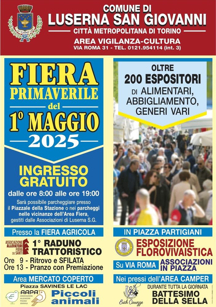 Luserna San Giovanni (To) si riempie di banchi, fiori, trattori e piccoli animali per la Fiera del 1° Maggio