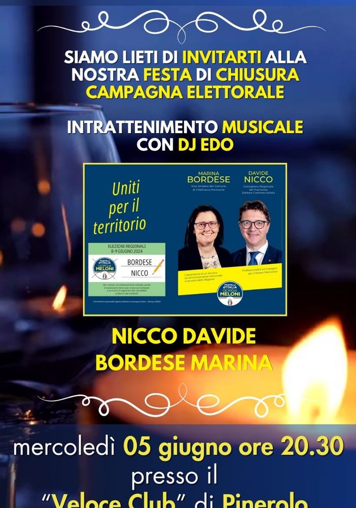 Festa di fine campagna elettorale al Veloce di Pinerolo con Nicco e Bordese (Fdi)