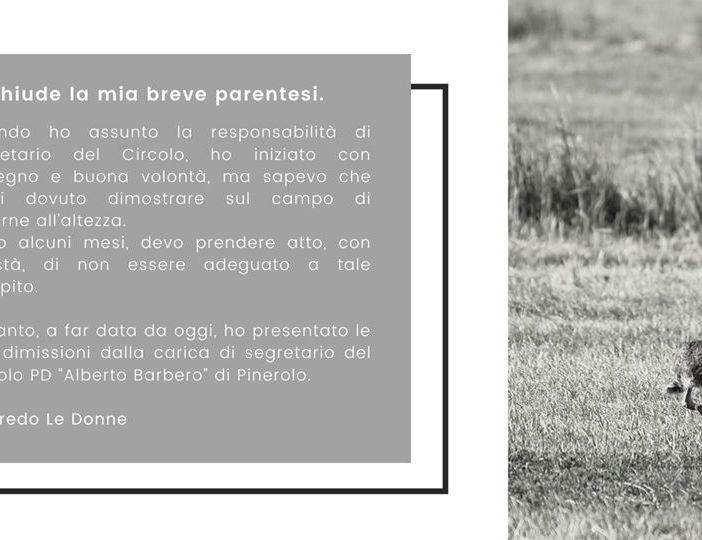 Pd di Pinerolo, Le Donne saluta così: «Non sono adeguato a tale compito»