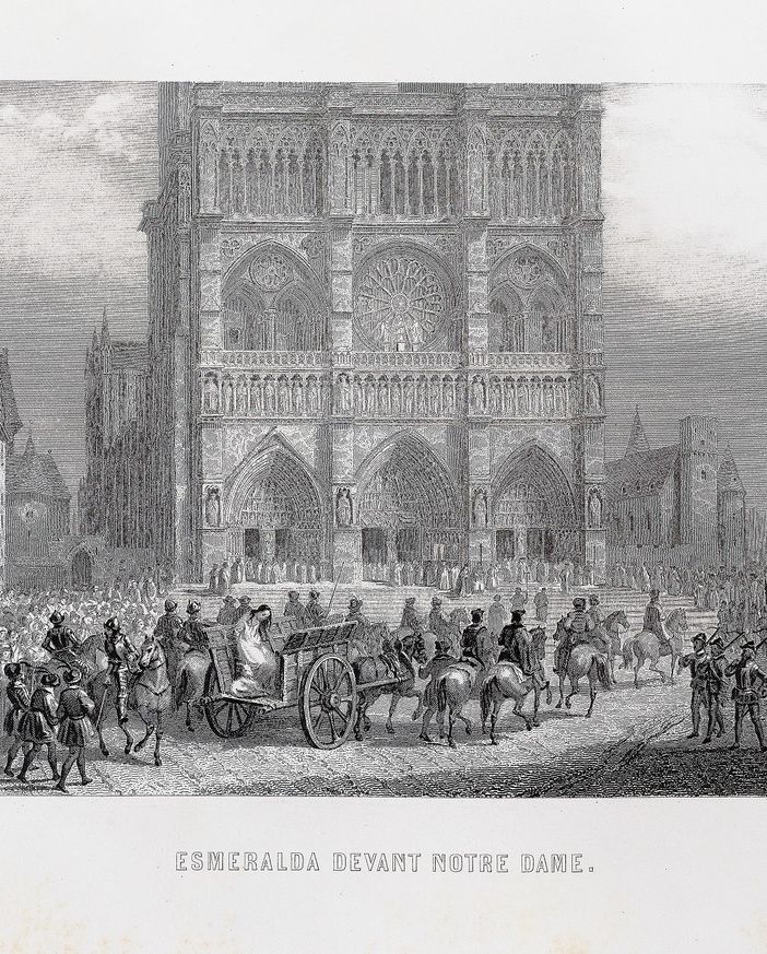 Esmeralda condotta davanti a Notre-Dame per l’impiccagione. Illustrazione tratta da Victor Hugo, Notre-Dame de Paris. Edition illustrée d'après les dessins de MM. E. de Beaumont, L. Boulanger, Daubigny [et al.], Paris, 1844.