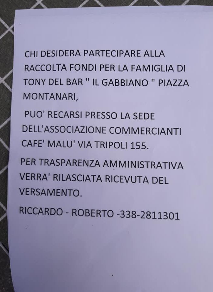 A Santa Rita raccolta fondi per la famiglia di Tony, proprietario del bar &quot;Il gabbiano&quot;