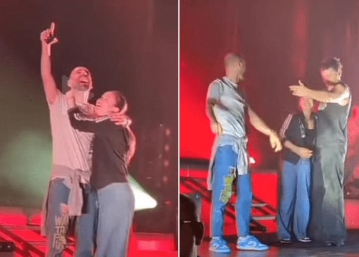 Alcuni momenti della serata di Venaria, con il concerto di Olly e la proposta di matrimonio