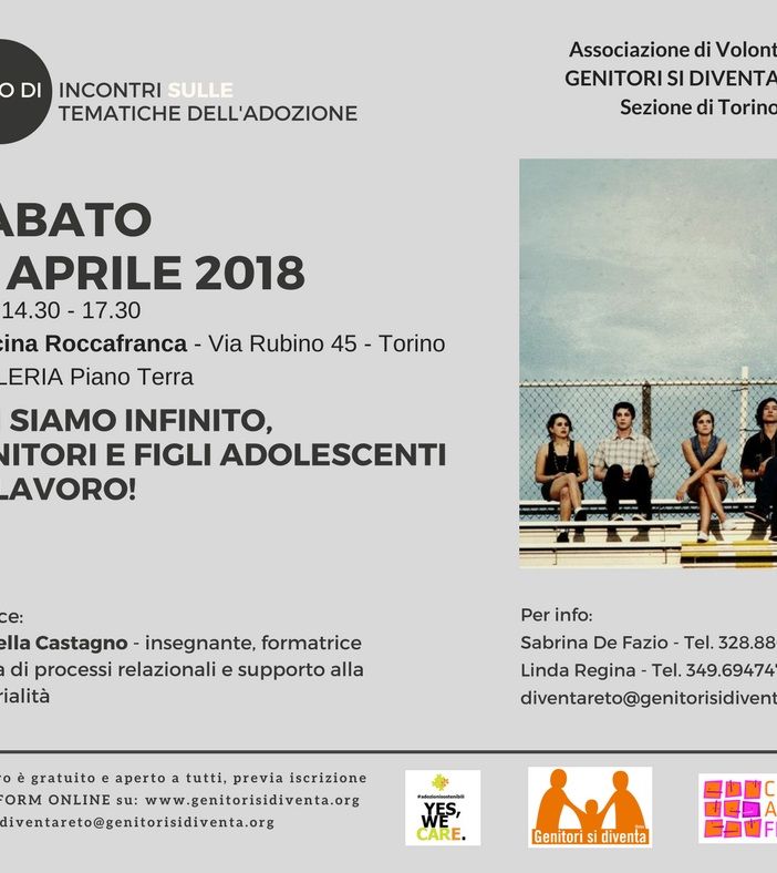 Genitori si diventa onlus organizza &quot;Noi siamo infinito, genitori e figli adolescenti al lavoro&quot;