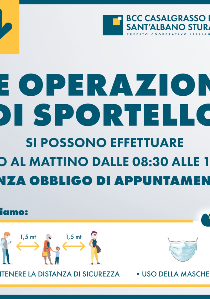 Nuove modalità di accesso alle filiali alla Bcc di Casalgrasso e Sant'Albano di Stura
