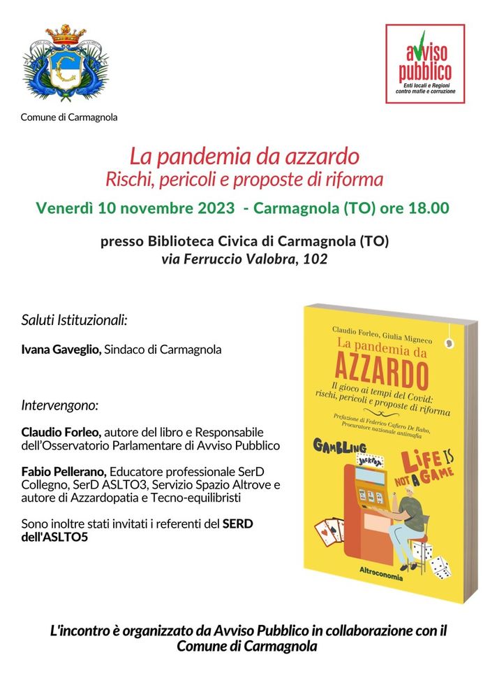La pandemia da azzardo: il 10 novembre incontro a Carmagnola con Avviso Pubblico