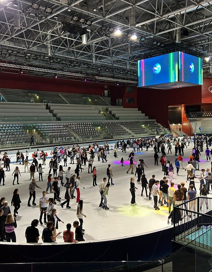 Una immagine della pista di pattinaggio piena al Palavela