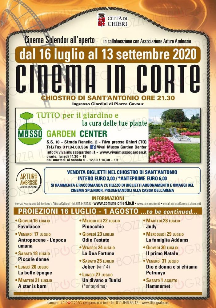 &quot;Cinema in corte&quot;, a Chieri due mesi di proiezioni all'aperto