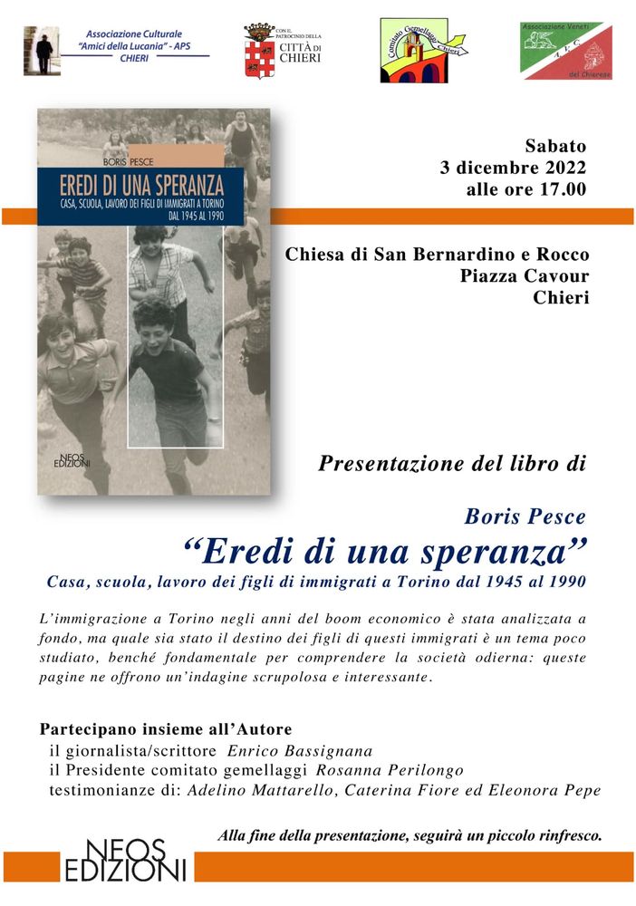 A Chieri la presentazione di &quot;Eredi di una speranza&quot;, il libro di Boris Pesce dedicato agli anni dell'immigrazione