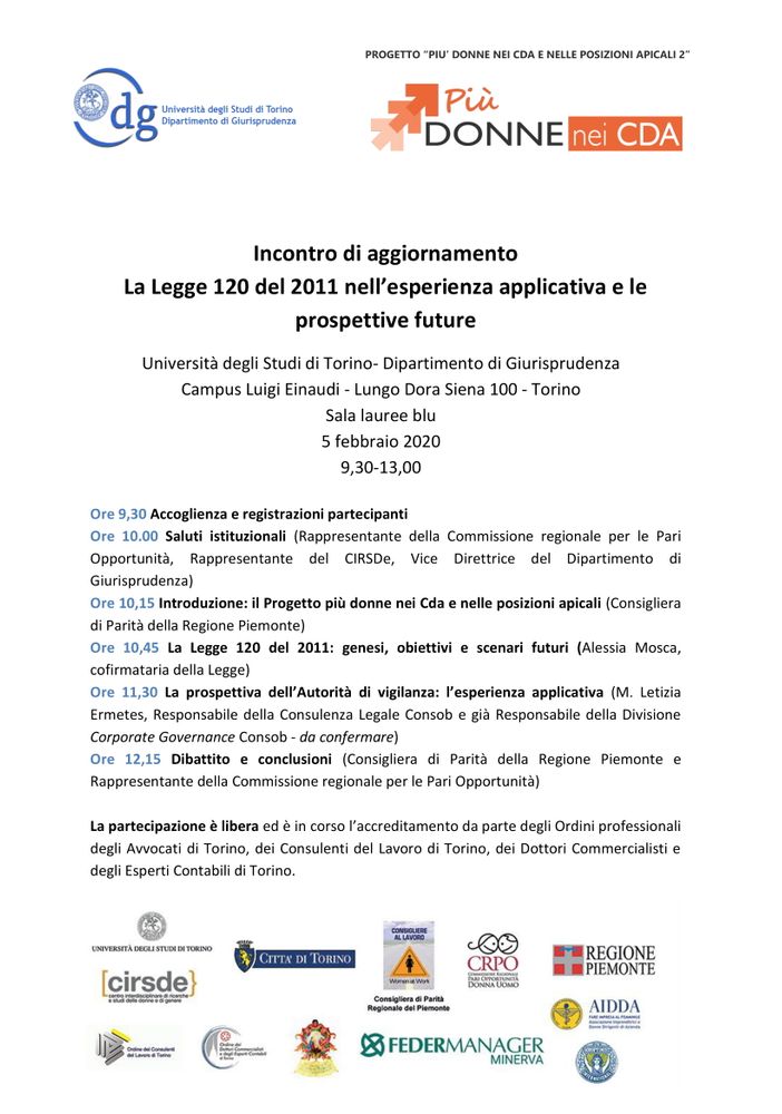&quot;Più donne nei CdA&quot;: il 5 febbraio al Campus Einaudi incontro sulla Legge 120 del 2011