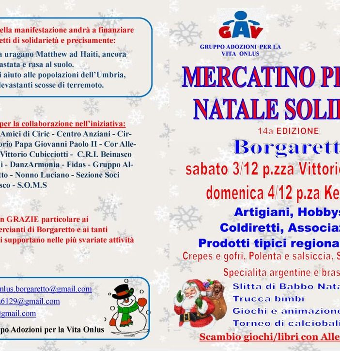 Oggi e domani “mercatini per un Natale solidale” e tante animazioni a Borgaretto