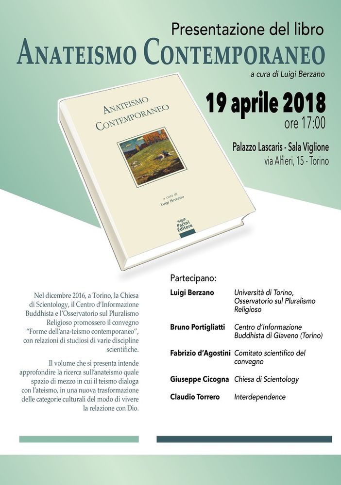 Giovedì 19 aprile a Palazzo Lascaris presentazione del libro &quot;Anateismo Contemporaneo&quot;
