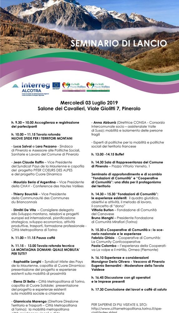 Il 3 luglio a Pinerolo lancio di due progetti del Piter “Cuore delle Alpi”