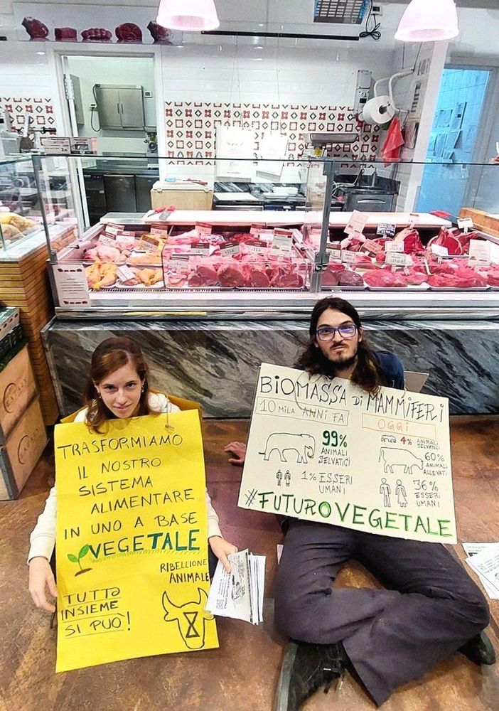 Protesta di Ribellione Animale in alcuni supermercati di Torino per chiedere un sistema alimentare a base vegetale
