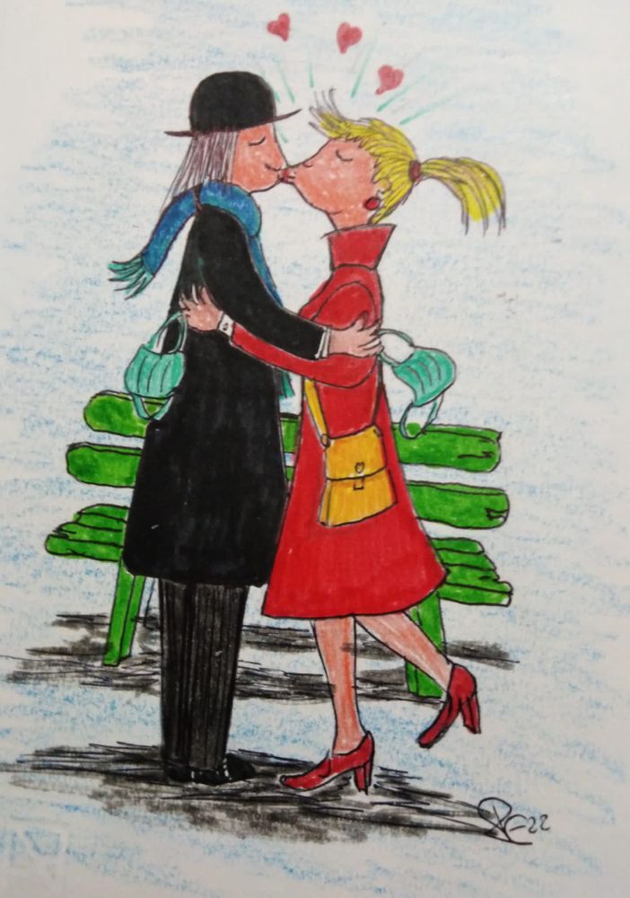 disegno di due innamorati che si baciano senza la mascherina