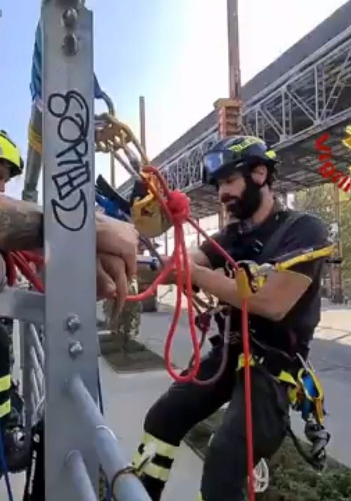 Spettacolare esercitazione dei vigili del fuoco al Parco Dora: con moschettoni, carrucole e corde simulano il soccorso in altezza [VIDEO]