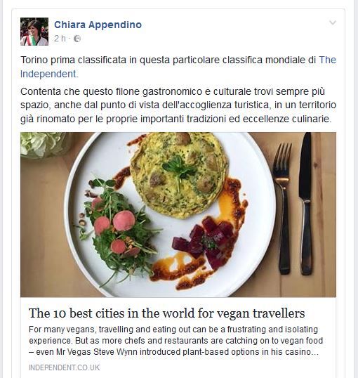 Appendino su Fb: &quot;Torino prima città al mondo per turisti vegani&quot;