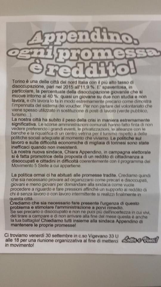 Reddito di cittadinanza, volantini nei Caf:&quot;Appendino mantenga le promesse&quot;