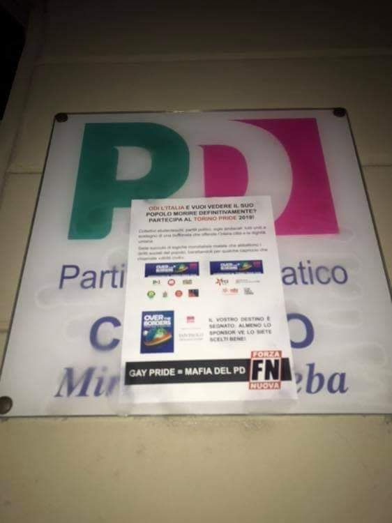 Volantini di Forza Nuova nelle sedi del Pd contro il Torino Pride: &quot;Buffonata che offende città&quot;