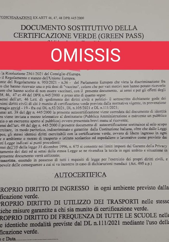 La finta autocertificazione (foto tratta da facebook)