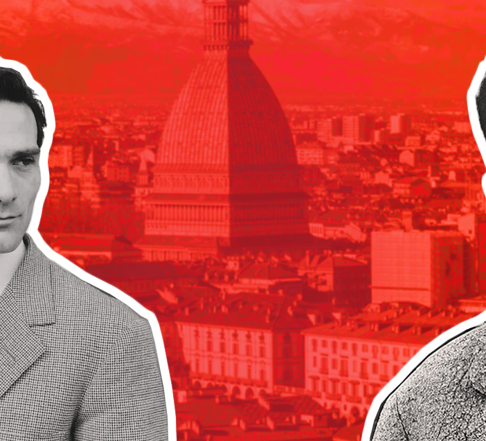 Calvino e Pasolini su sfondo rosso