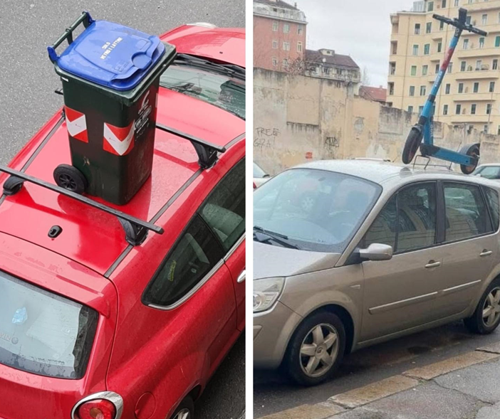 monopattini e bidoni su auto parcheggiate