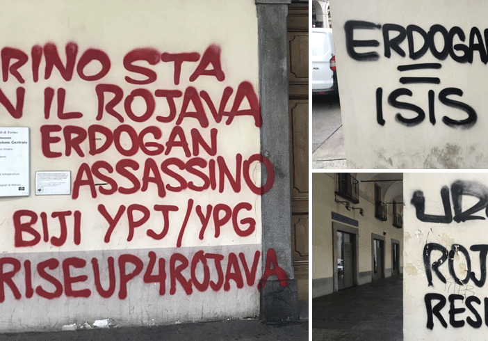 Sui muri di Torino la rabbia contro Erdoğan: imbrattate le colonne di via Po