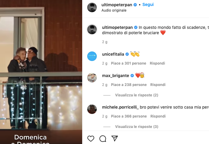 In foto il post su instagram con il video di Ultimo diventato virale nelle ultime ore