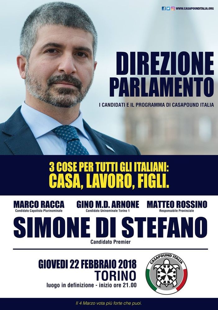 Casa Pound, tappa torinese per il candidato premier Simone Di Stefano