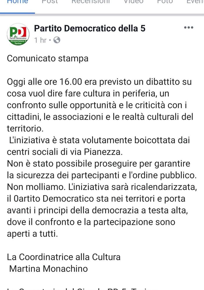 Il Circolo PD 5 Torino: &quot;Oggi dibattito sulla cultura in periferia boicottato dai centri sociali di via Pianezza&quot;