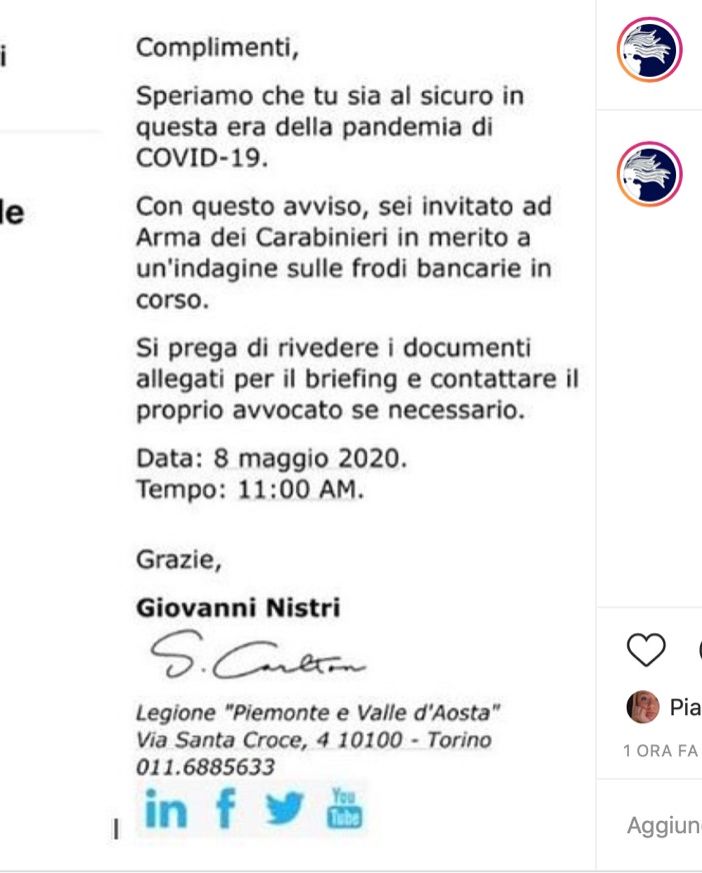 False mail dai carabinieri del Piemonte e Valle d'Aosta, indagini in corso