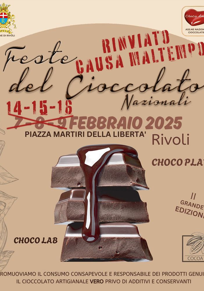 Rivoli, l'annunciato maltempo fa slittare al 15-16 febbraio la Festa del Cioccolato