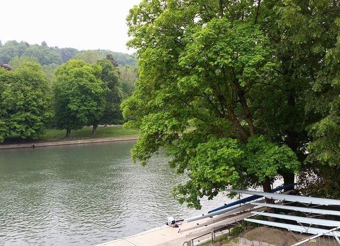 Corso del fiume Po con sponde e alberi sulle rive